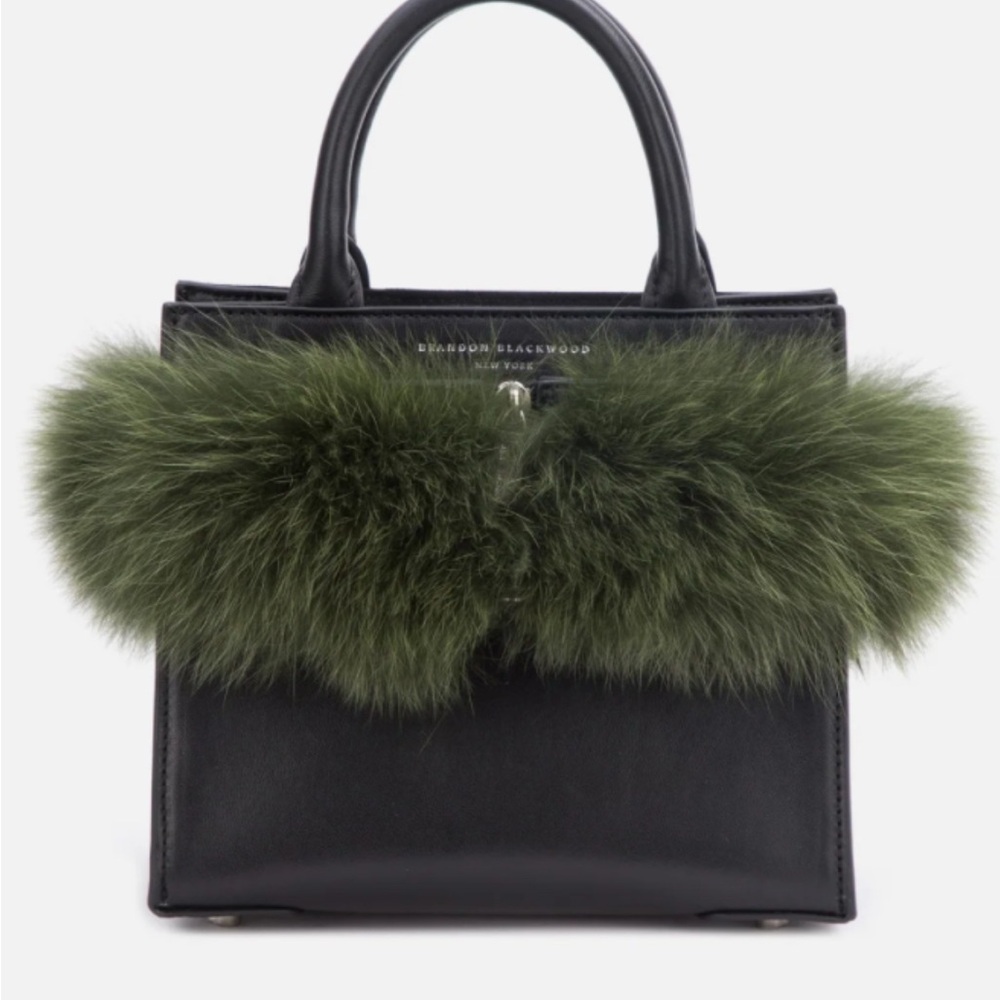Brandon Blackwood Maya Bag- Black Leather with Green Fur Trim